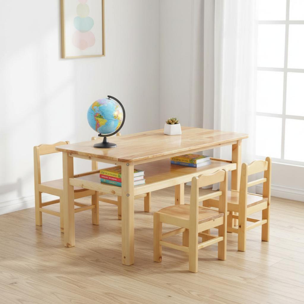 Hardwood Wood Kids Table and Chair Set Easy to Clean Kindergarten Classroom Table Wooden Craft Desk and Chair Set for Students