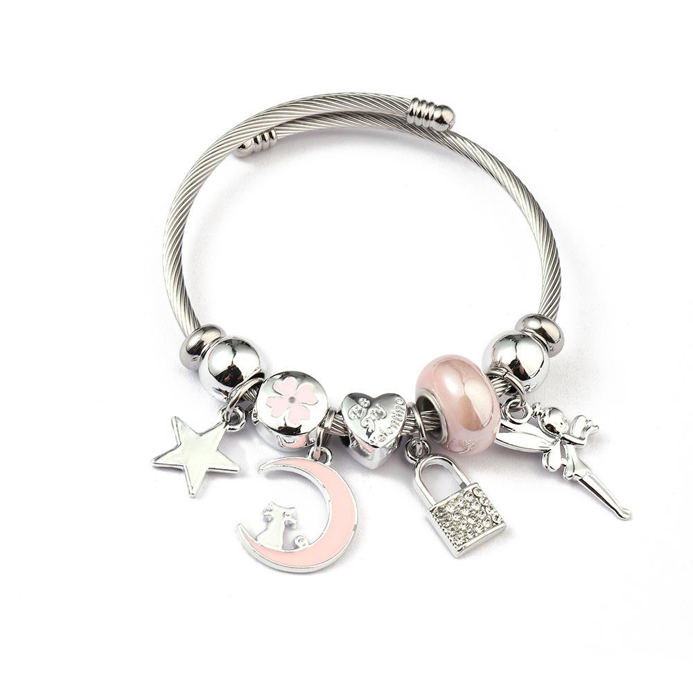 Simple Fashion Stainless Steel Bracelet With Crystal Bead Pendant Unisex Jewelry