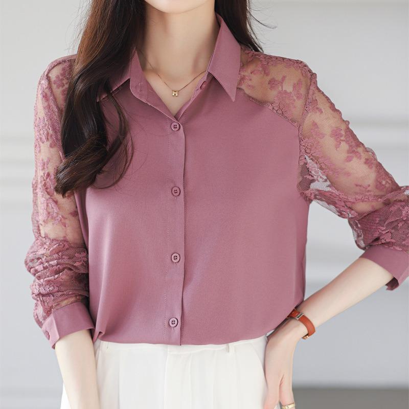 Western Style Women's Collar Lace Patchwork Chiffon Shirt Top Cardigan Shirt