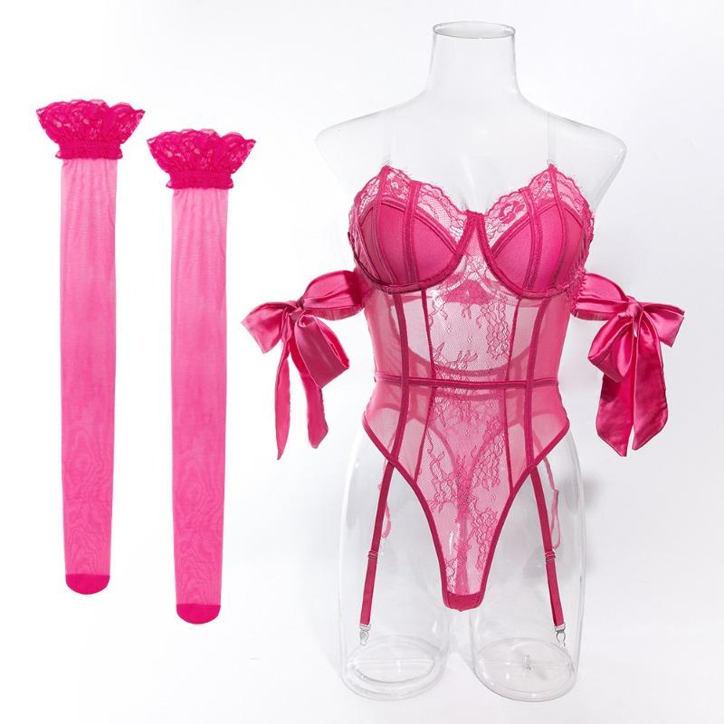 Toucheart Sexy Underwear Women Bow Silk Strap Sexy Lingerie Jumpsuit Stockings Set Solid Color Mesh See-through Sexy Lingerie