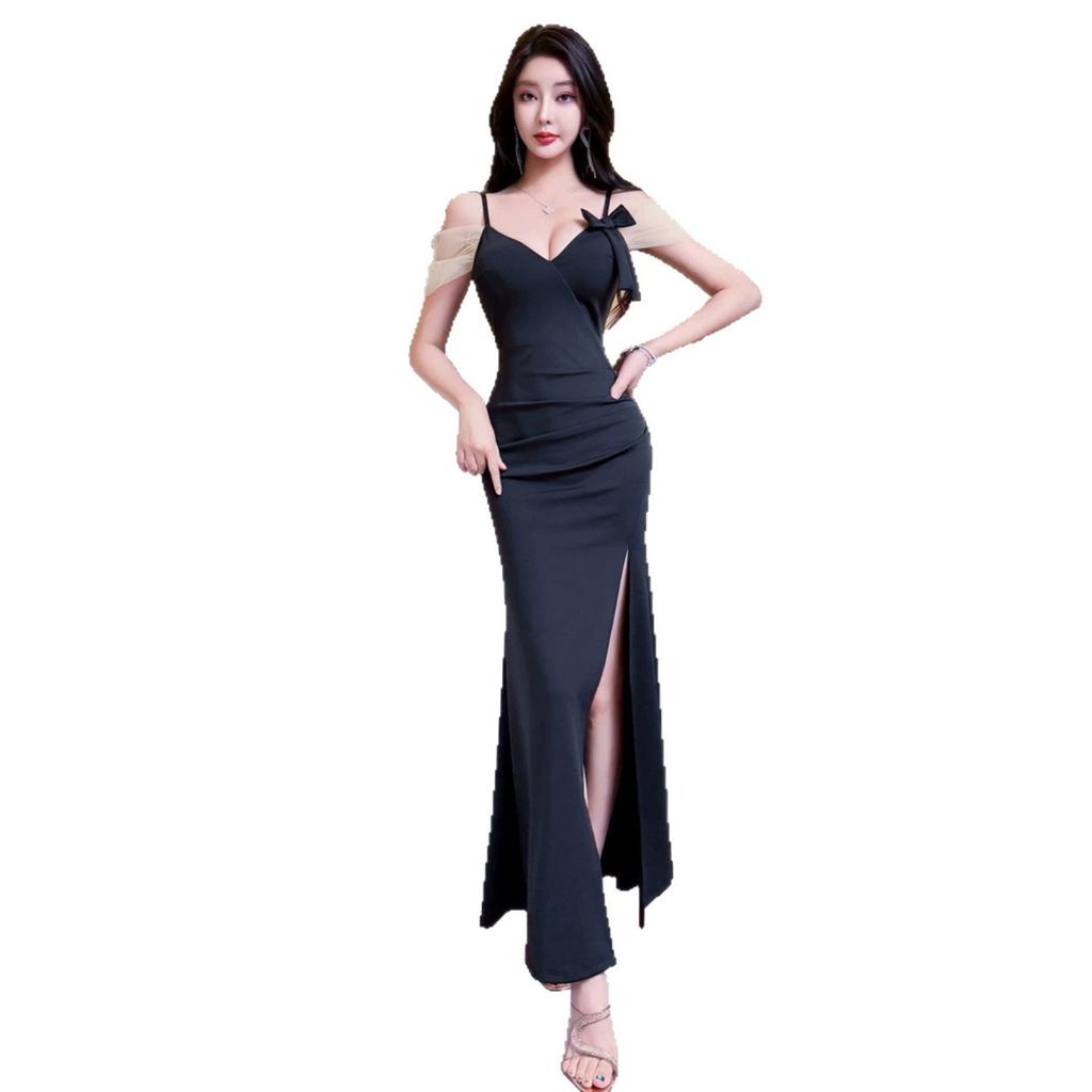 Suspender mesh splicing evening dress skirt women's waist and thin light luxury niche temperament split fork slim long skirt summer