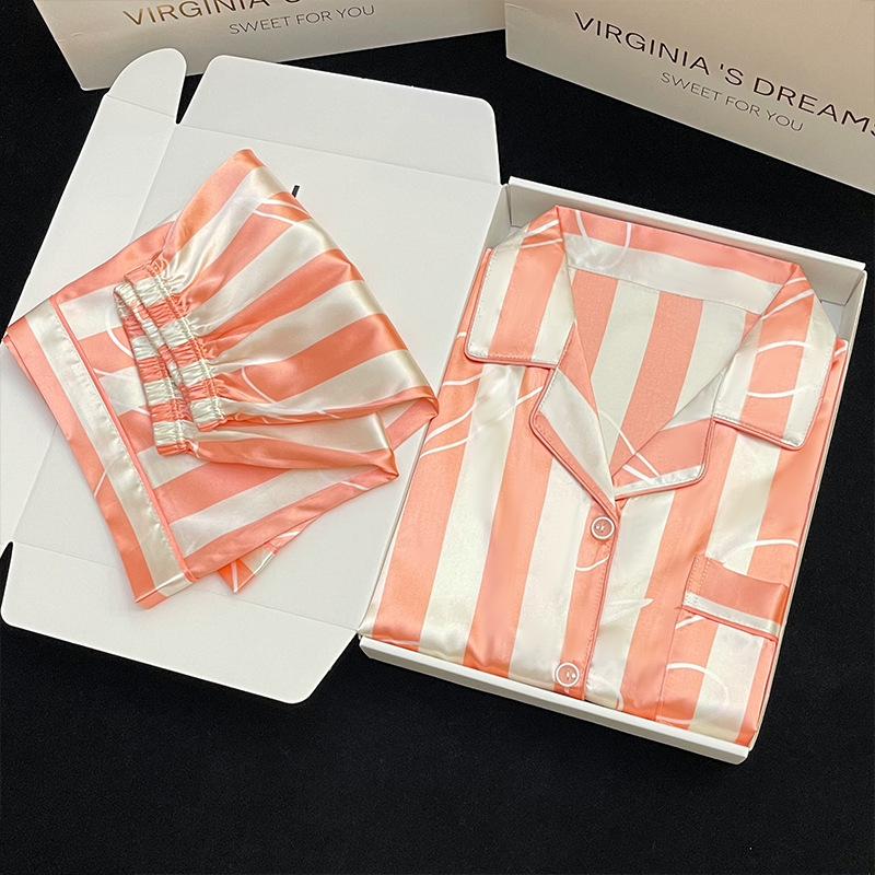 

Pajamas Women S Summer Thin Cool Short-Sleeved Style Cute Striped Imitation Silk Loungewear Set XL