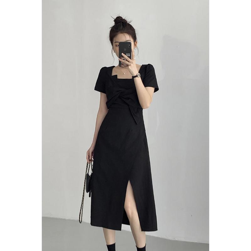 

Французское ретро-платье с квадратным воротником и нишевым дизайном, черное платье с облегающей талией для пожилых людей, темпераментное платье M чёрный