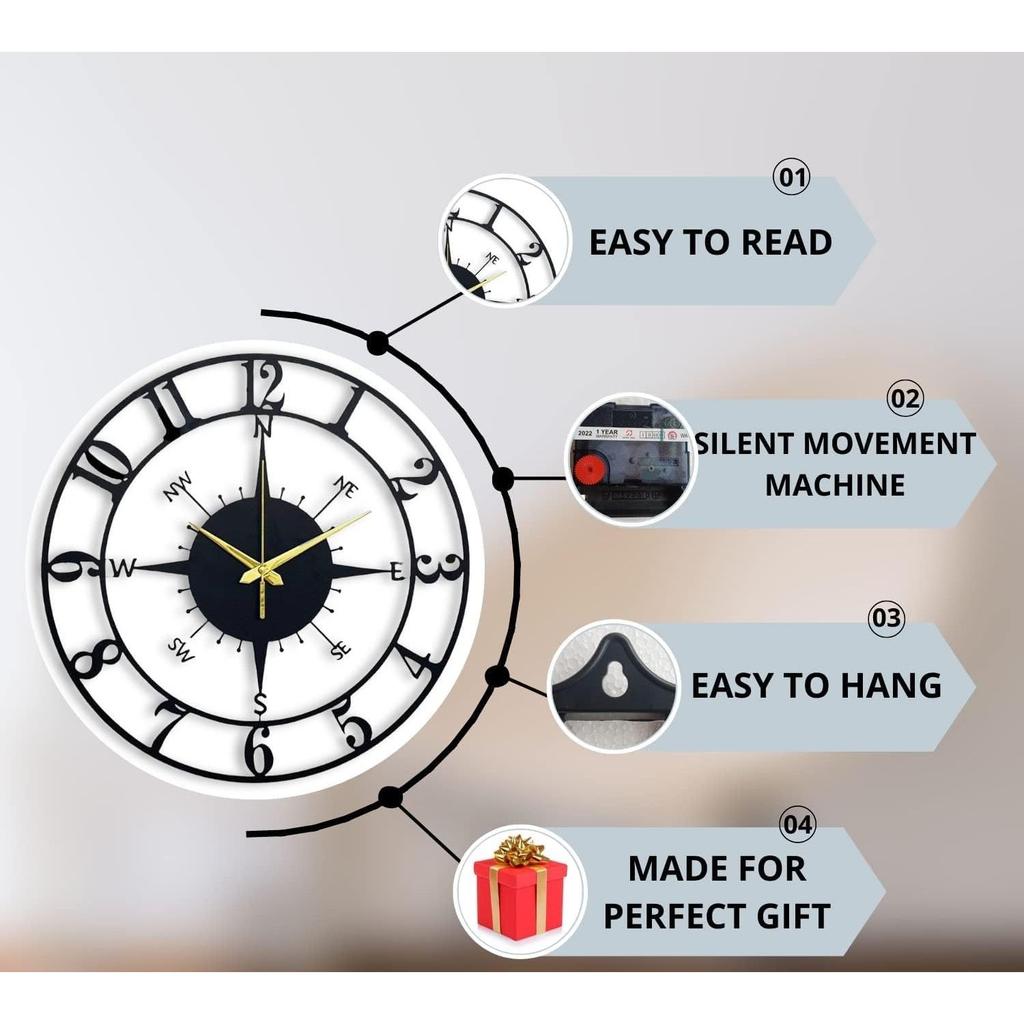Large World Map Wall Clock, Metal Minimalist Modern Clock, Round Silent Non-Ticking Battery Operated Wall Clocks for Living Room / Home