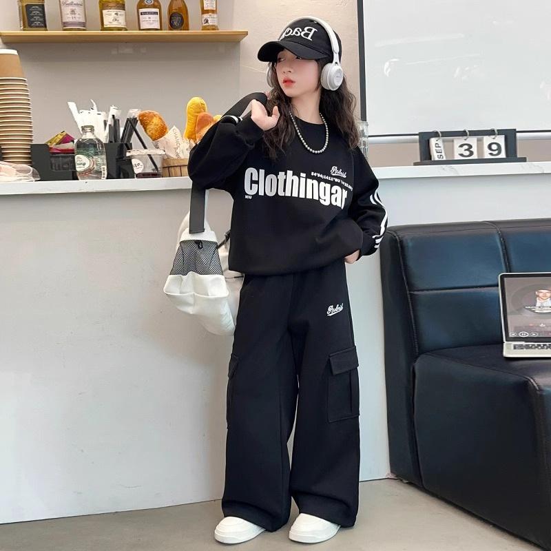 

Дитячий весняний спортивний костюм для дівчаток, 2 предмети, бавовняний світшот з принтом літер, вільний спортивний костюм з еластичною талією 160 чорний