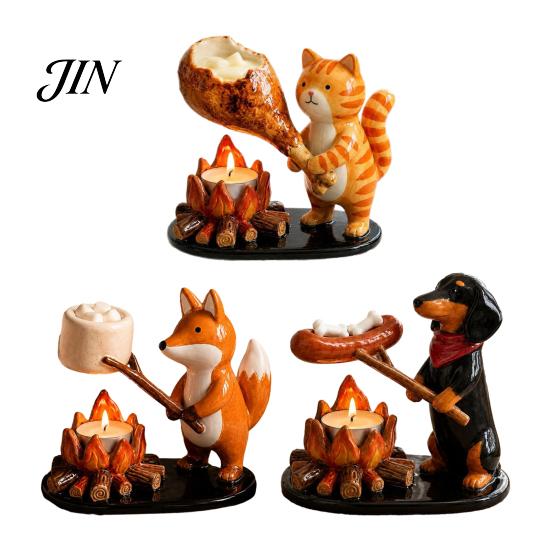 Rustic Cabin Candle Holder Campfire Animal Tealight Holder, Durable Resin with Cat Woodland Decor Fox And Dachshund Figurines, Warm Cozy Atmosphere