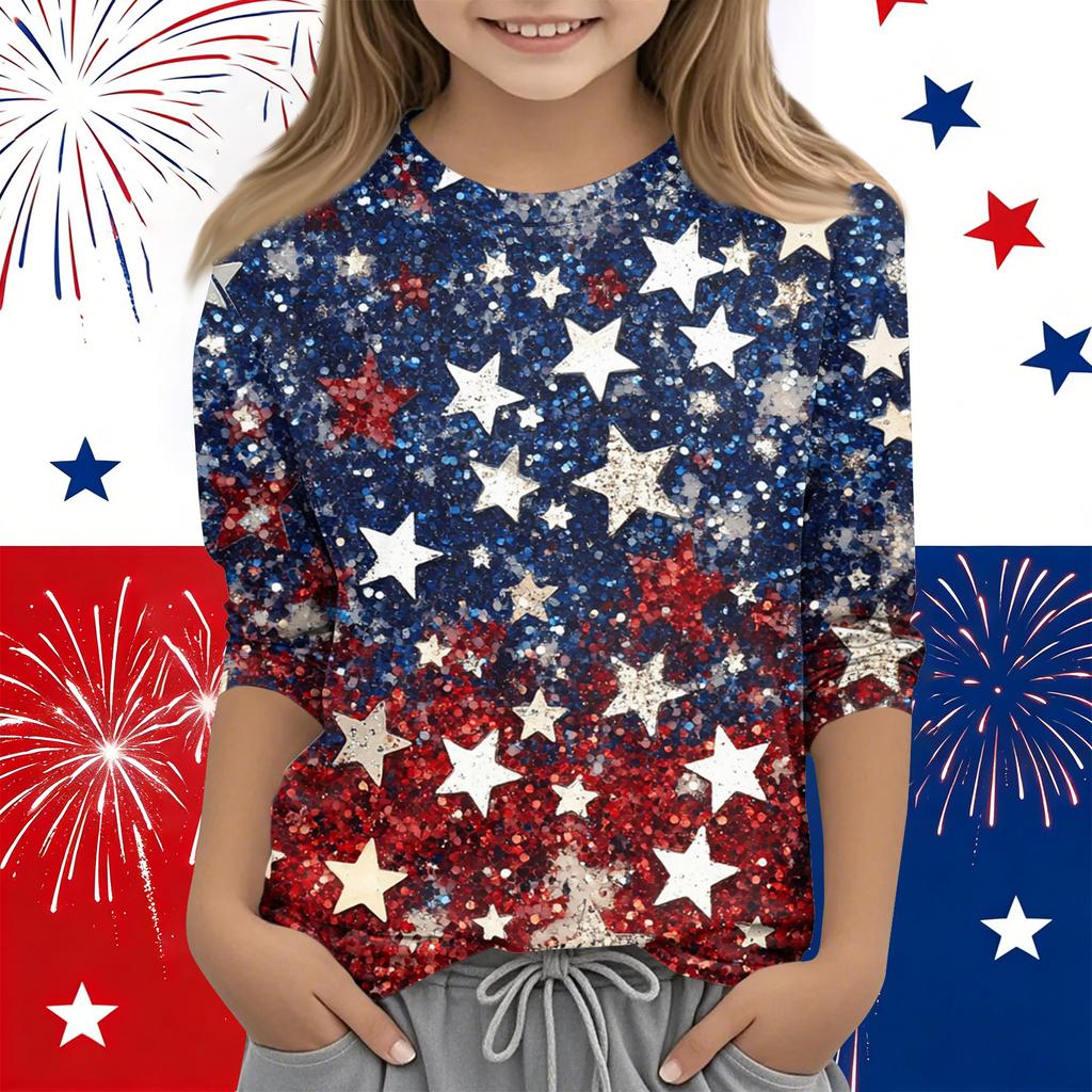 Print Tops For Youth Girls Round Neck 3/4 Sleeves T-Shirts Trendy Tops Outfit Tees Independence Day
