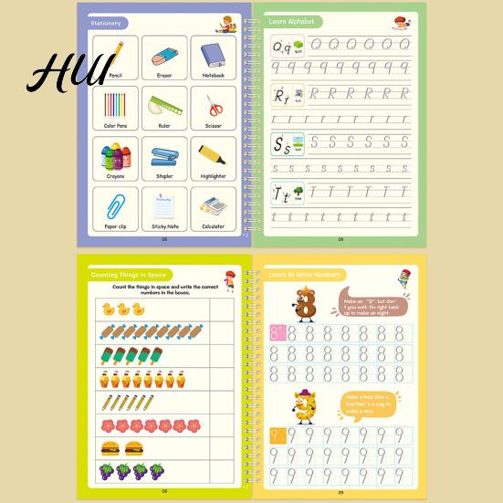 Kids Writing Practice 4Pcs Grooved Book with Pens Refills Pencil Gripper Reusable Handwriting Workbooks Alphabet Tracing Learning Children Workbook