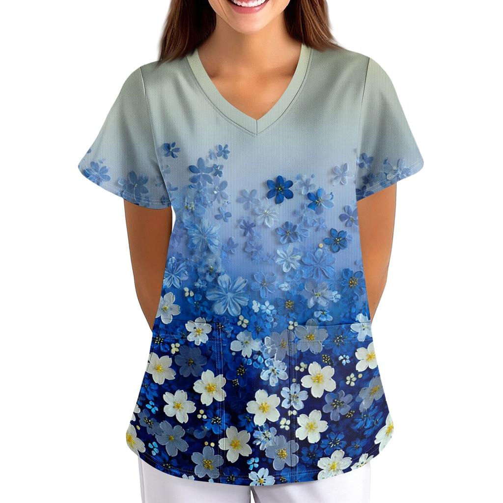 Women's Floral Print Loose Fit V Neck Short Sleeve Medical Scrub Top with Pockets for Healthcare Professionals Comfortable Workwear