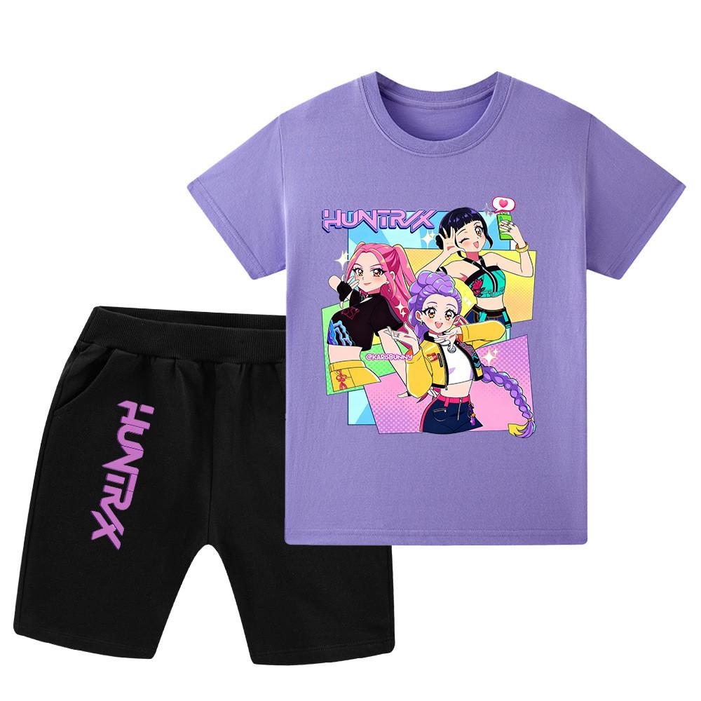 

WA1232 Kids Boys Girls Kpop Rumi Zoey Mira Print Short Sleeves T-shirt Shorts Pants Sets 160cm фіолетовий