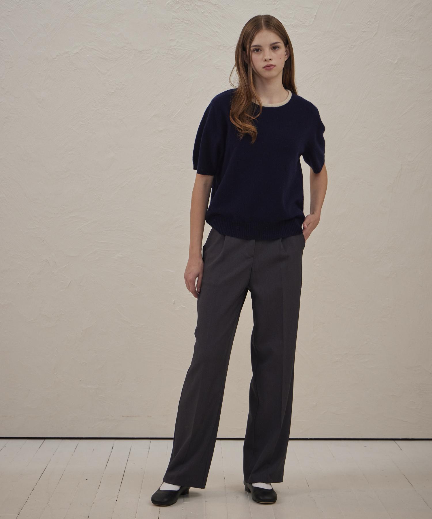 Belloel Wool Color Block Crop Knit T-Shirt Navy Free