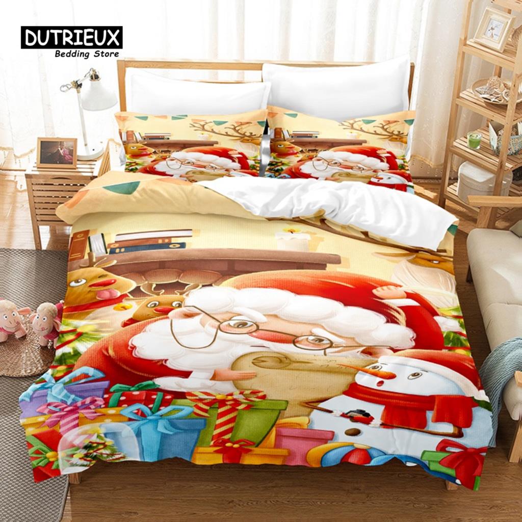 Father Christmas Bedding Set, 3Pcs Duvet Cover Set, Soft Comfortable Breathable Duvet Cover, For Bedroom Guest Room Decor