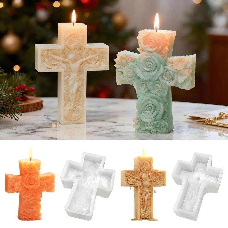 Bloemkruis Jezus Siliconen Kaarsvorm 3D Reliëf Rozenpatroon Kruis Ambacht Gips/Hars/Zeep Vorm Religieus Ornament Maakgereedschap