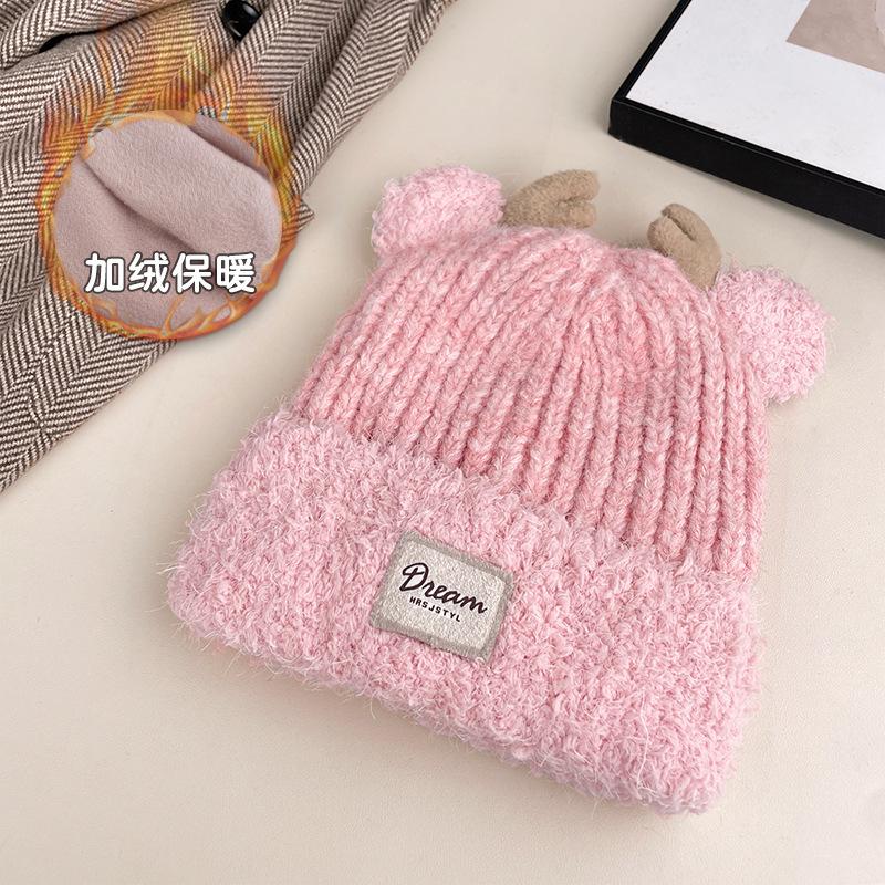 Cute deer ears knitted hat children's autumn and winter cold protection ear protection wool hat showing face small bag head cold hat