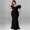 MY961 Plus Size Womens Dress V-Neck Sleeveless Mermaid Fit Knit Gown With Ruffle Cap Sleeves Black Red Blue