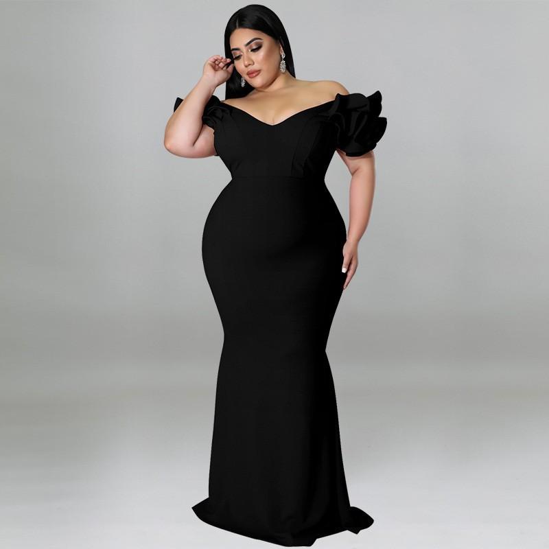 MY961 Plus Size Womens Dress V-Neck Sleeveless Mermaid Fit Knit Gown With Ruffle Cap Sleeves Black Red Blue