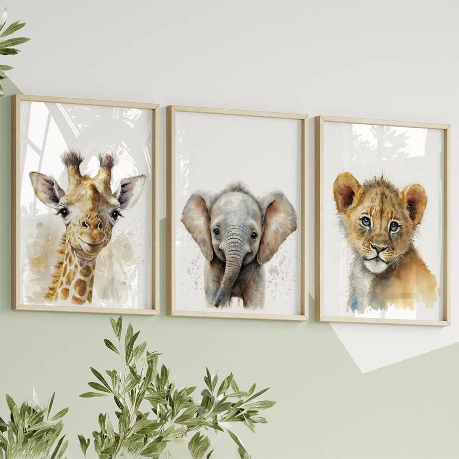 Giraffe Lion Elephant Animal Canvas Print Nursery Animal Nordic Wall Art Poster Picture Baby Children Room Christmas Home Decor