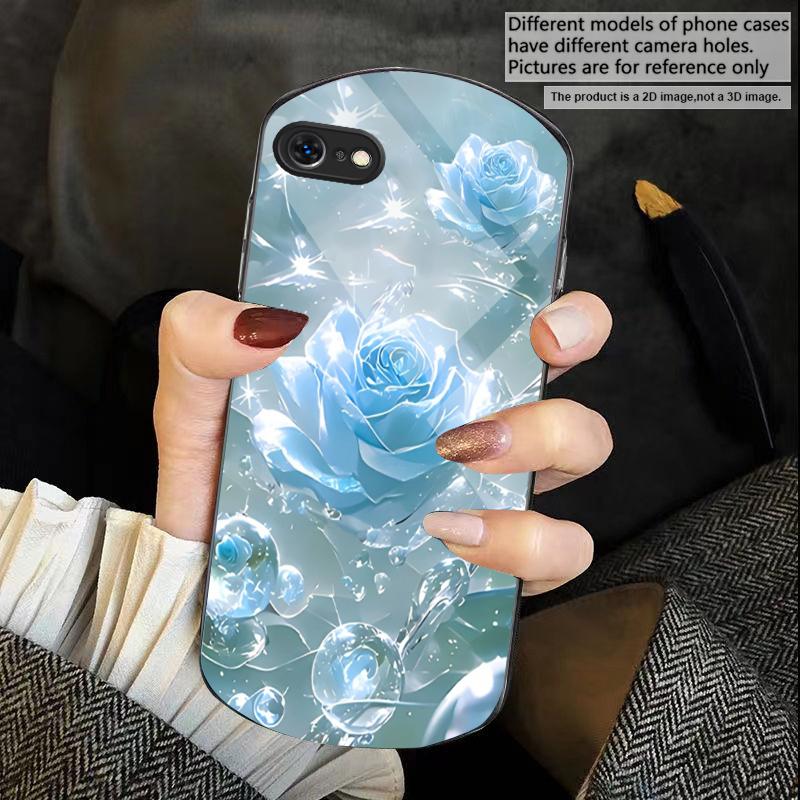 Ice crystal-colored roses For iPhone 17 16 15 14 Pro 13 Plus 12 mini 11 Pro Max XR X S 7 8 Elliptical Tempered Glass Phone Case