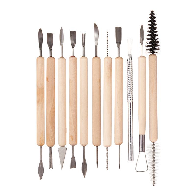 11-Piece Multi-Purpose Wood Carving and Pottery Sculpting Tool Set with Wooden Handles and Stainless Steel Blades 11 Pieces