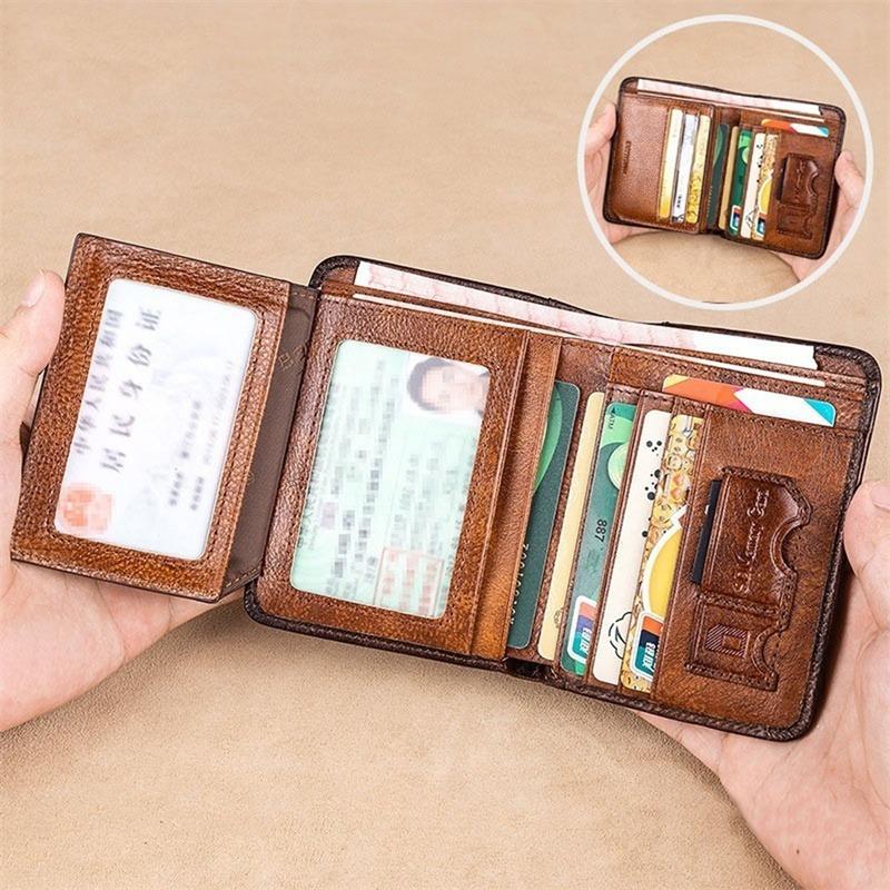Vintage Head Layer Leather Tri-Fold Section Anti-Theft Brush Ultra-Thin Head Layer Cowhide Short Leather Wallet