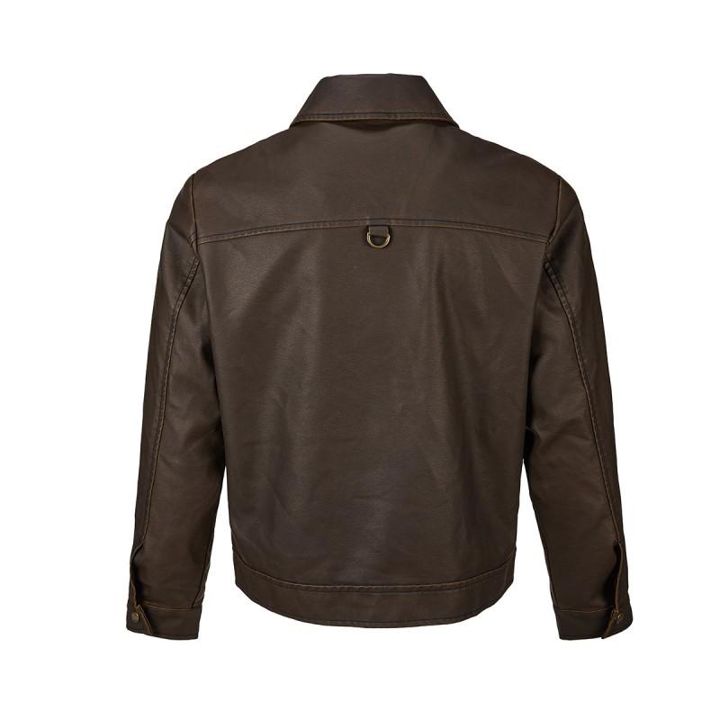 Mens Vintage Washed PU Leather Biker Jacket Loose Fit Streetwear Collar Coat