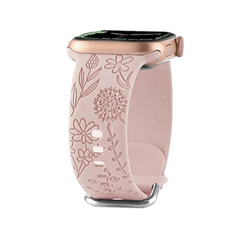 Engraved Flower Strap for Apple Watch Ultra Band 49mm 44 40mm 45mm 41mm 38 42mm Fashion Silicone Bracelet Iwatch Series 8 7 Se 6