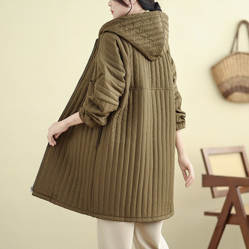 

Осень и Зима Западный Стиль Большой Карман Однотонная Стеганая Куртка с Капюшоном Большого Размера Женская Универсальная Средней Длины Легкое Хлопковое Пальто L кофейный