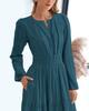 Black V-Neck Long Sleeve Flared Dress with Textured Fabric and Waist Gather