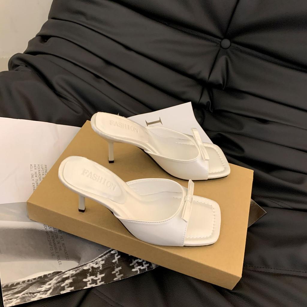 Niche black high heels bow cool slippers shoes new fashion outer wear