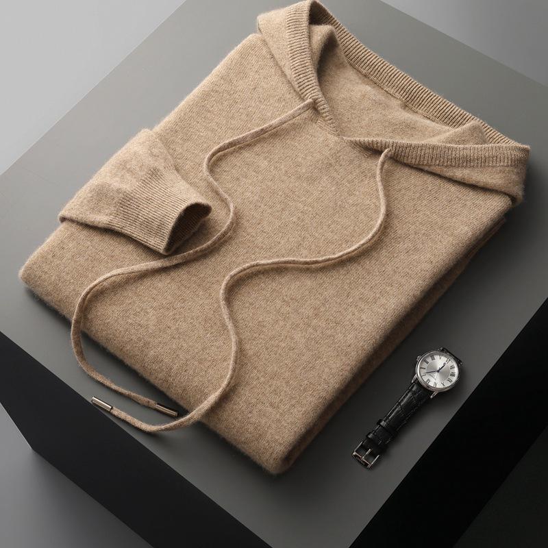 Men s Seamless 100% Wool Hoodie: Pure Color Casual Knit Pullover M