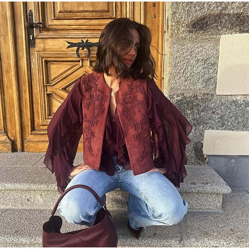 

Винтажное однотонное женское пальто, жилет, модное женское пальто без рукавов с вышивкой, весна-осень 2025, городская женская уличная одежда L вино красного