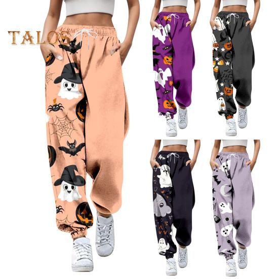 Damen Jogginghose, elastische hohe Taille, verstellbarer Kordelzug, Joggerhose mit Halloween-Kürbis-Print, Fitnesshose