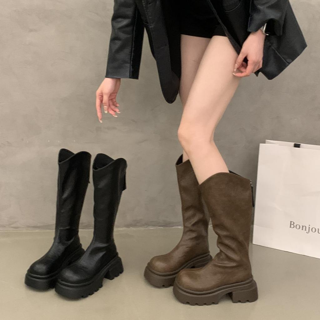 Large size women's shoes size 41-43 but knee V-mouth boots autumn and winter fashion thick-soled thin boots Spice girls black knight boots