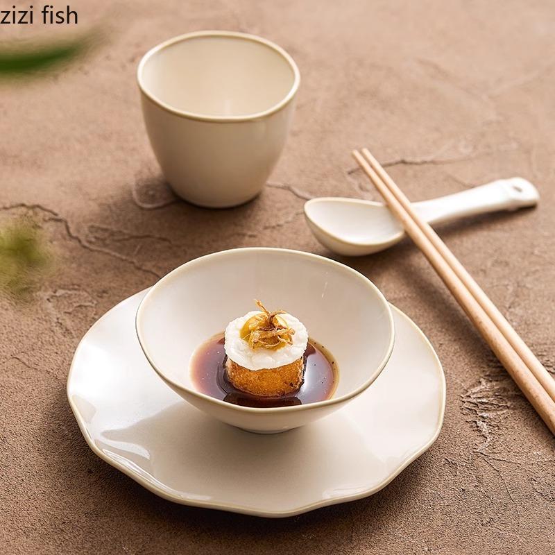 Beige Färg Keramisk Servis Set Ugnsväxlingar Soppsked Soppskål Desserttallrik Kaffemugg Restaurang Kreativ Skål Fat Set