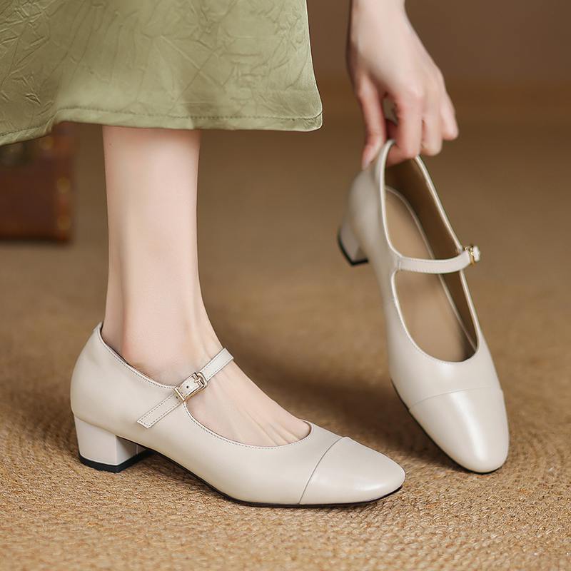 Krazing Pot Cow Skin Spring Summer Size 41 Thick Med Heels Women Round Toe Metal Buckle Straps Shallow Pink Color Pumps