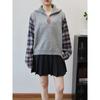 Autumn new splicing plaid shirt fake two-piece sweater pullover design semi-zipper knitted sweater top women