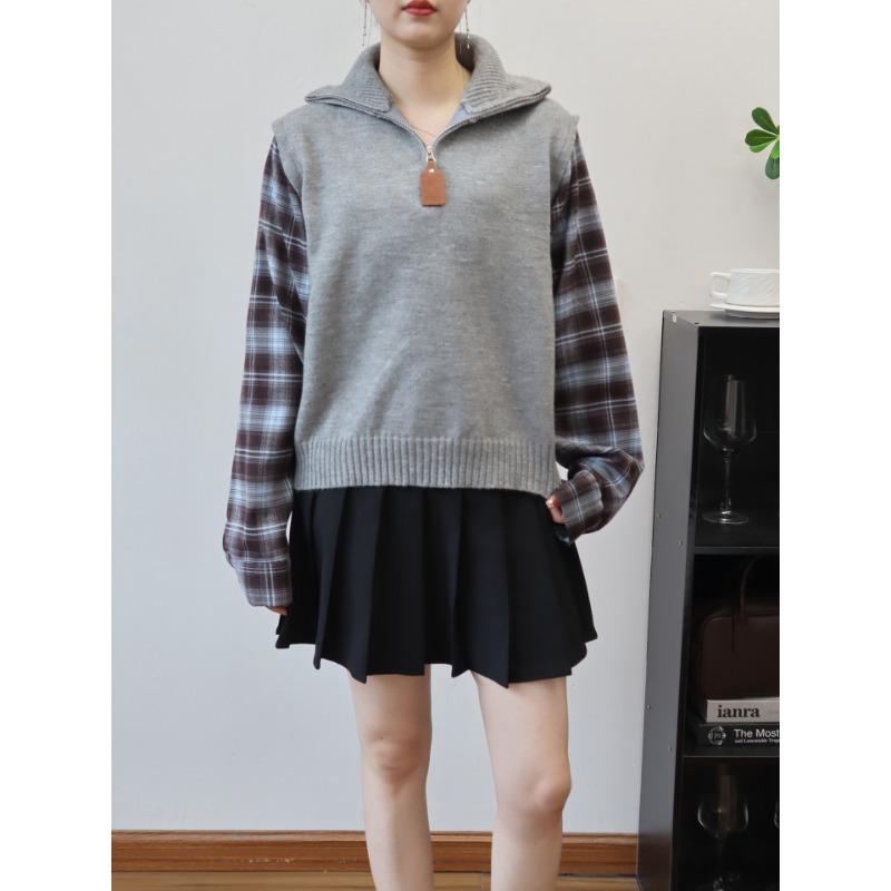 Autumn new splicing plaid shirt fake two-piece sweater pullover design semi-zipper knitted sweater top women