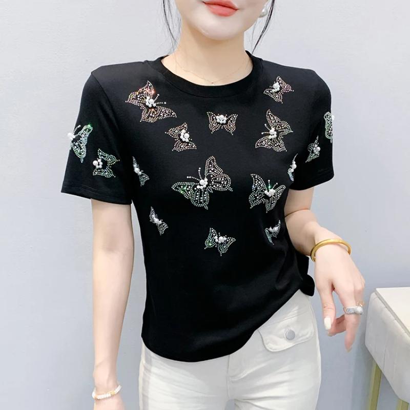 Summer New Fashion Women 100% Cotton Beading Butterfly Designer T-Shirts Short Sleeve Tees Casual Female Tops Shirts