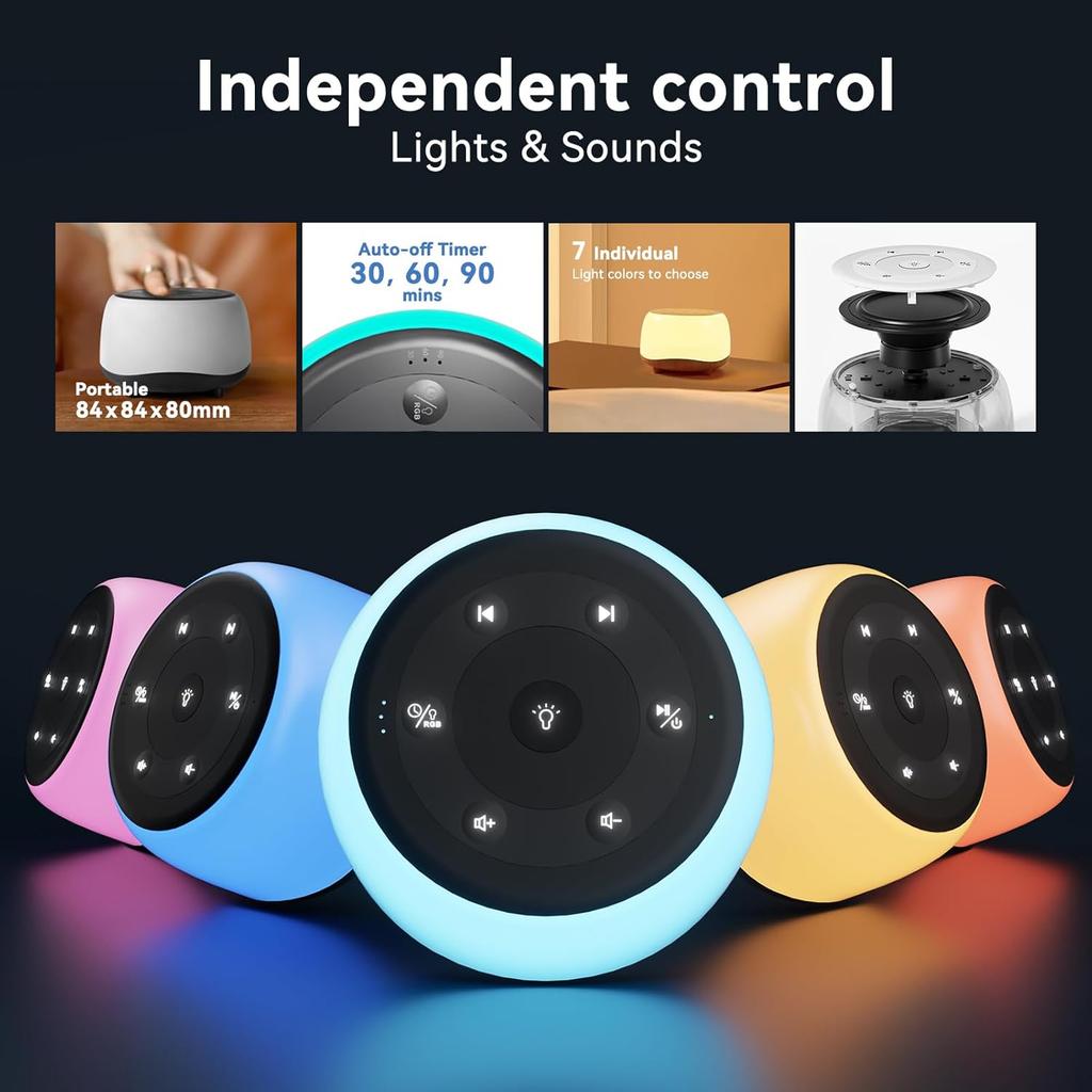 White Noise Sound Machine with 7 Colors Night Light 34 Soothing Sounds, Portable Sound Machine for Baby Adults Kids Sleep with 30 Volume Levels 4