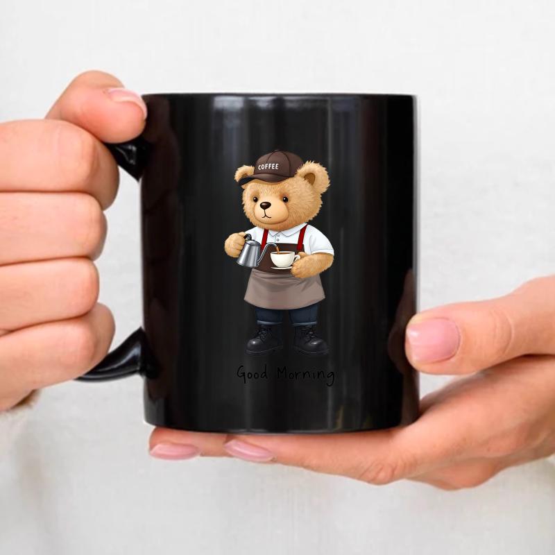 Ceramic coffee cup, black bear barista holding coffee cup and good morning text, suitable for morning coffee break чёрный