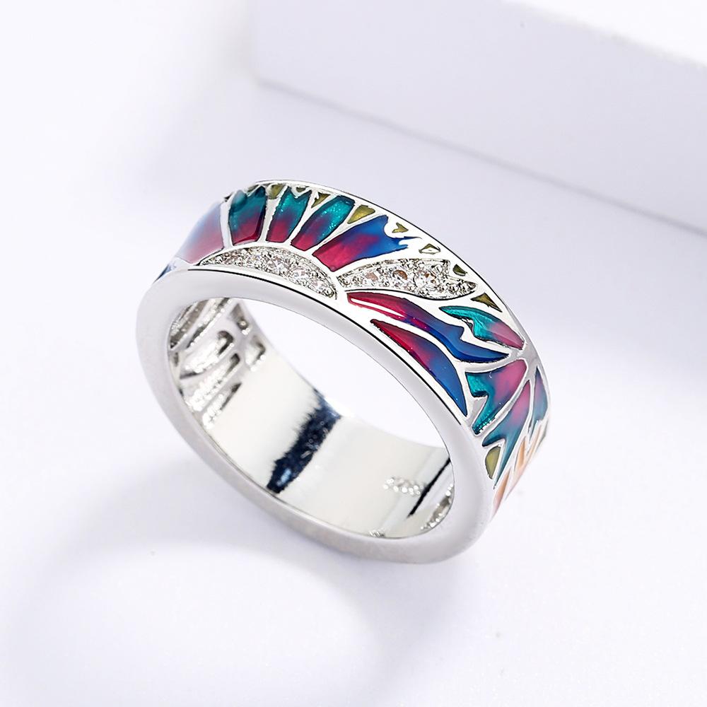 Gradient Color Drop Glue Enamel Plant Flowers European and American Pastoral Style Fashion Retro Womens Ring