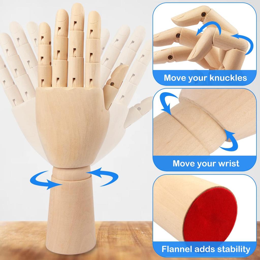 Wooden Hand Model, 2 PCS, 12 Inches Left and Right Hand Art Mannequin Figure with for Hand Jewelry Display, Decoration, Sketching, by GNIEMCKIN.