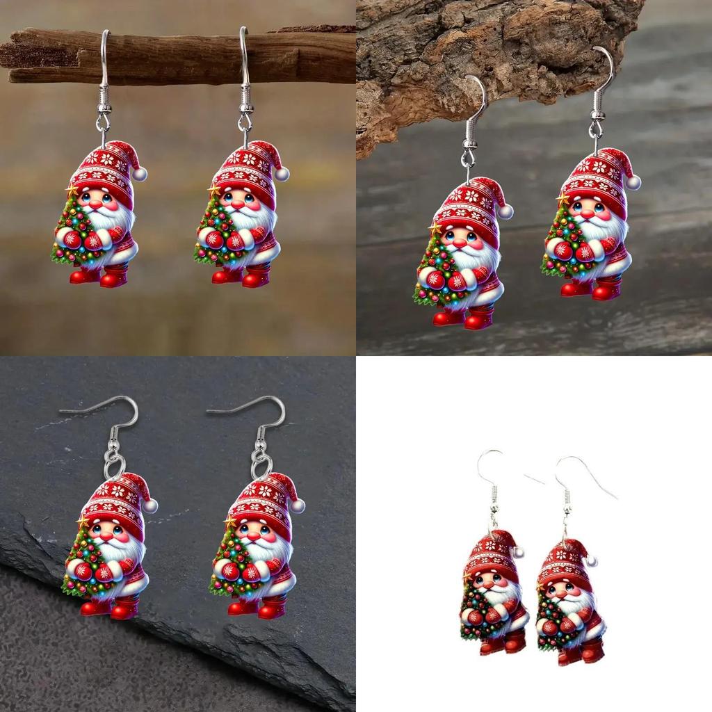 Santa Themed Christmas Claus Holding Tree Pattern Women Earrings Acrylic