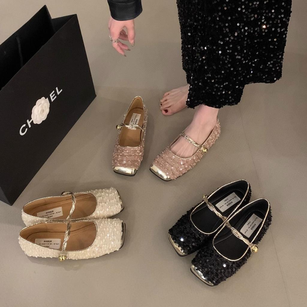Niche high-end sequins Mary Jane single shoes women's shoes 2025 new spring flat-bottomed French temperament evening shoes