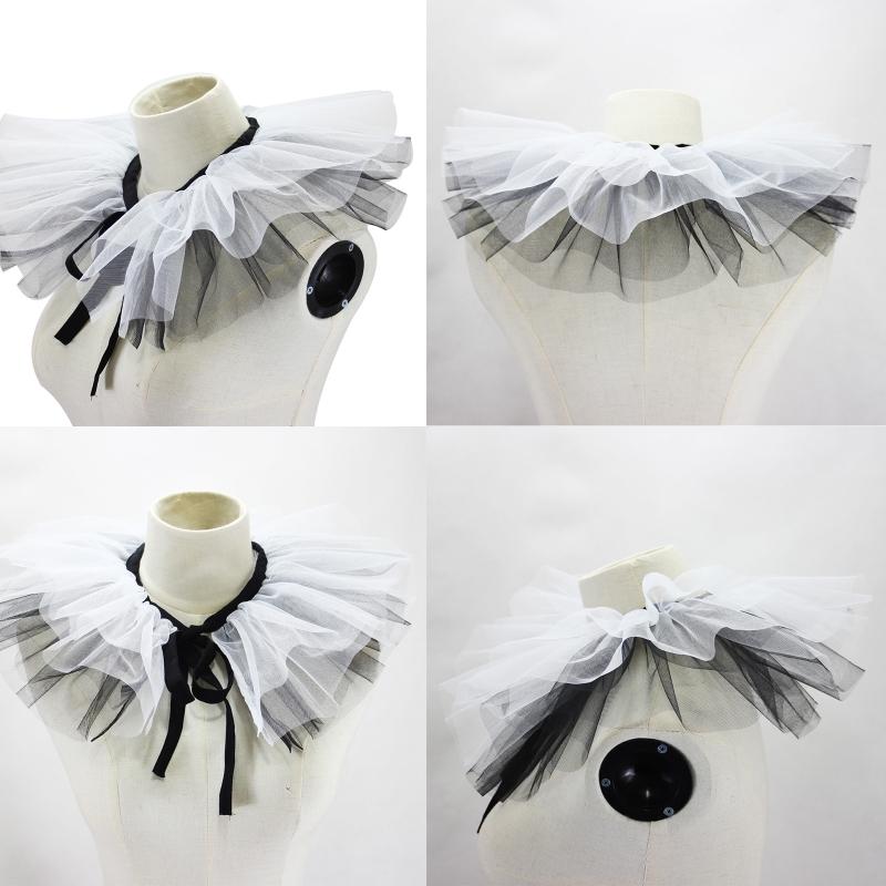 Victorian Layered Black White Ruffled Mesh Tulle Detachable Neck Ruff Faux Collar for Women Cosplay Shawl Wrap Capelet