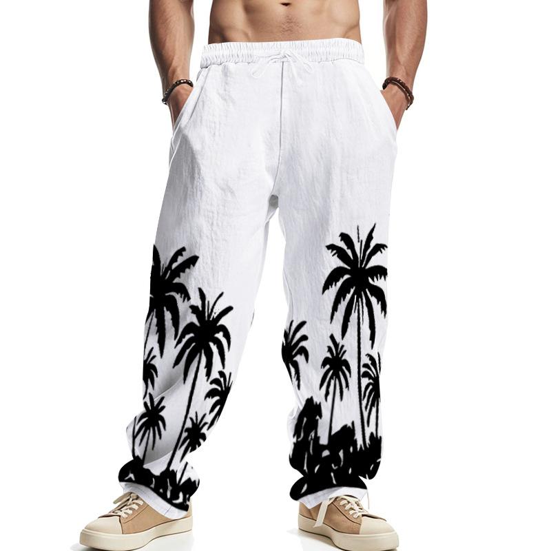 Men s Four-Season Loose-Fit Breathable Printed Cotton-Linen Blend Casual Sports Trousers S белый