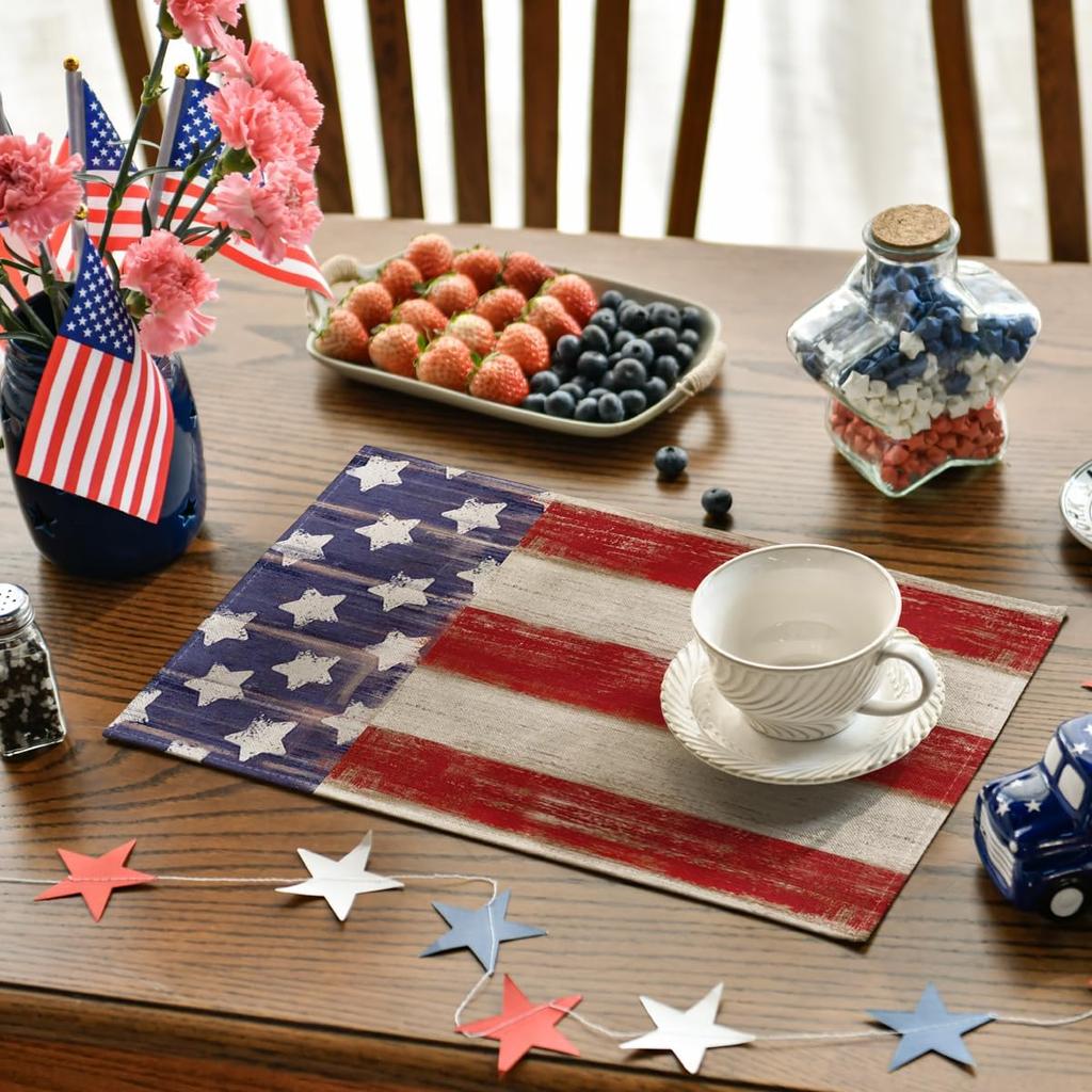 American Star and Stripes 4th of July Placemats Set of 4, 12x18 Inch Patriotic Memorial Day Table Mats for Party Kitchen Dining Decoration