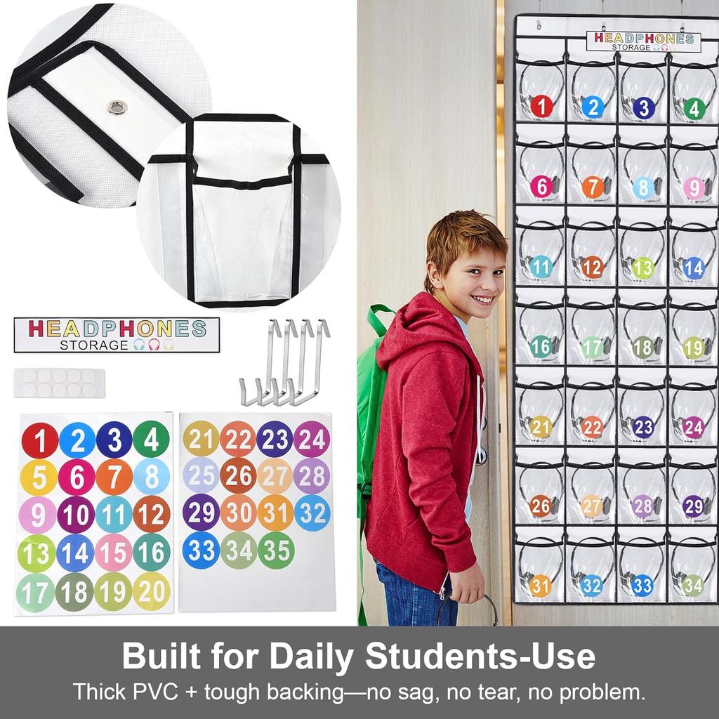 Headphone Storage Classroom,Over The Door Hanging Classroom Headphone Storage with Digital Stickers,35 PVC Clear Organizer Holder Pockets with 4