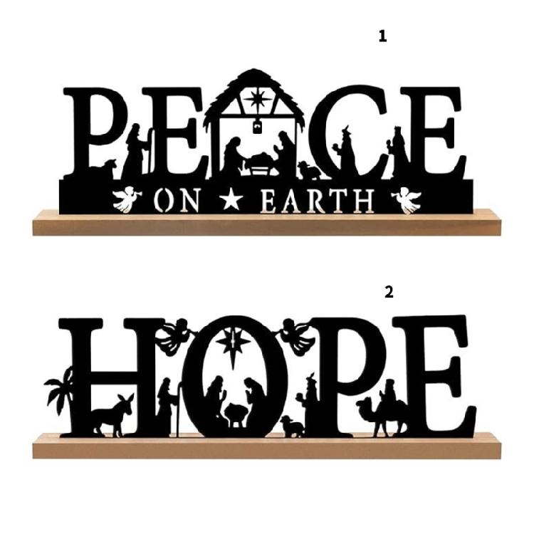 Classical Black Metal Nativity Scene Figurine Sculpture Christmas Tabletop Decoration Iron Sign with Wood Base Ornament