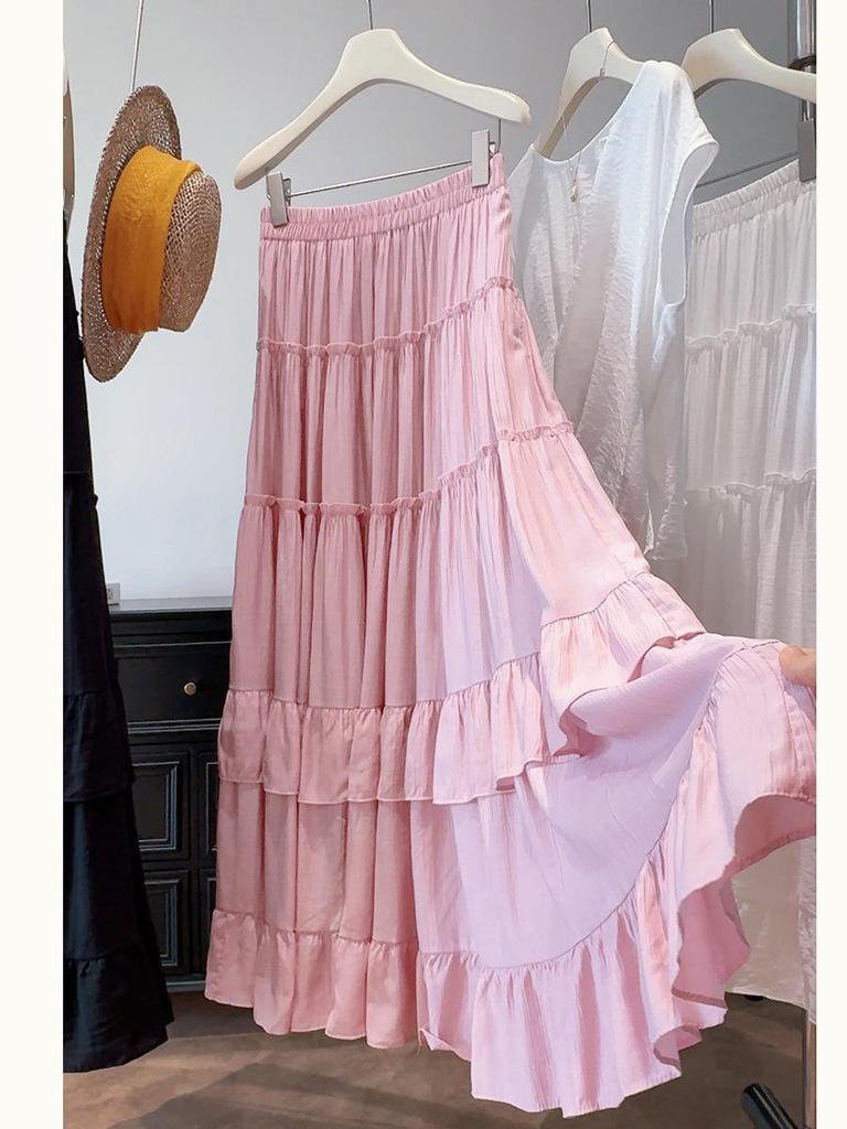 Women's High-Waist Ruffle Patchwork Skirt: Solid Color, Layered Long Hem for Spring/Summer 2026
